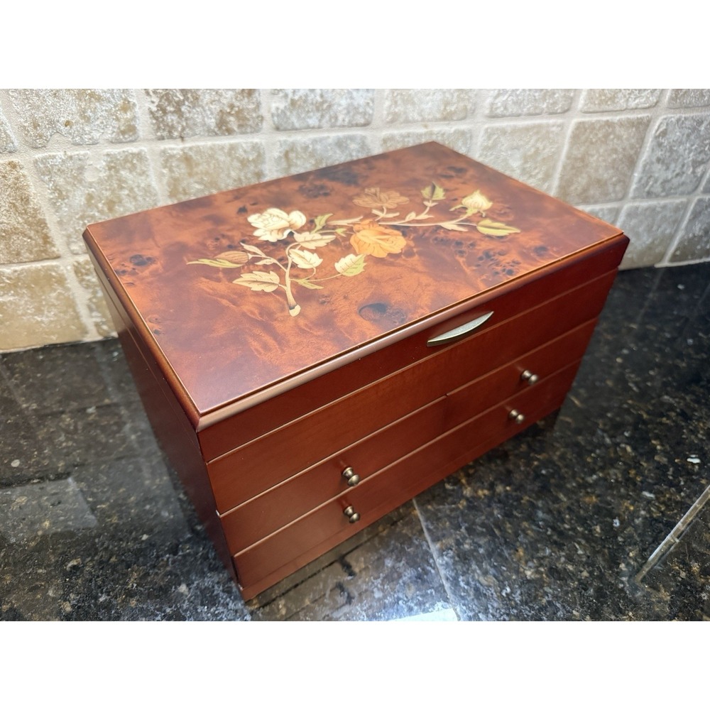 Mele & Co Wooden Jewelry Box Floral Inlay Brayden Design Drawers Mirror Lined